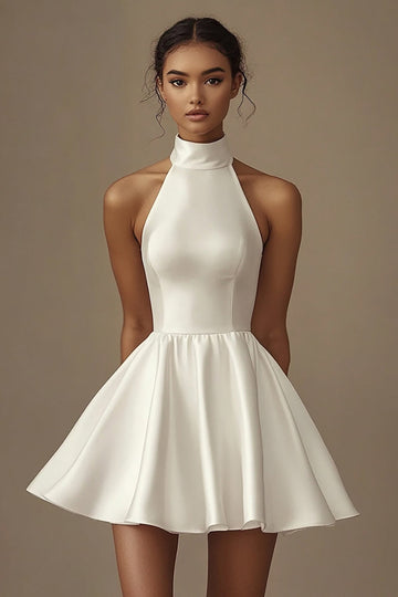 White Halter A Line Ruched Short Graduation Dress